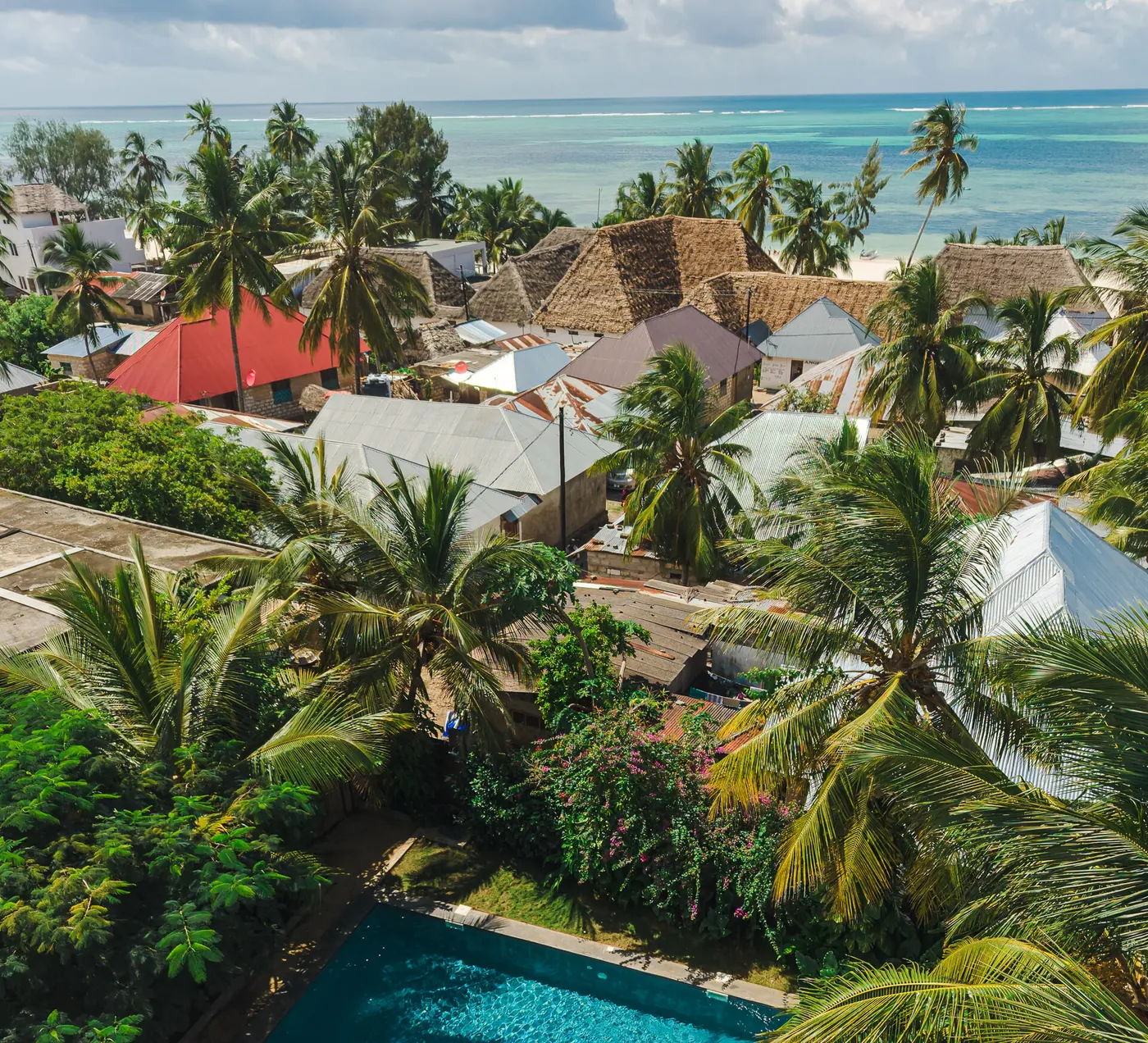 The reef and white sand beach of Kiwengwa seen from above