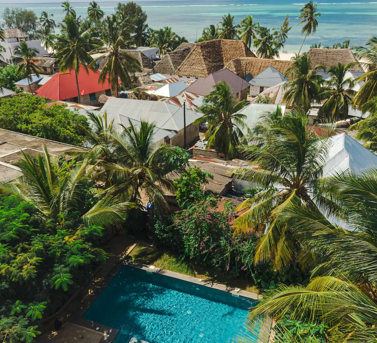 Kiwengwa village and the white sand beach seen from above