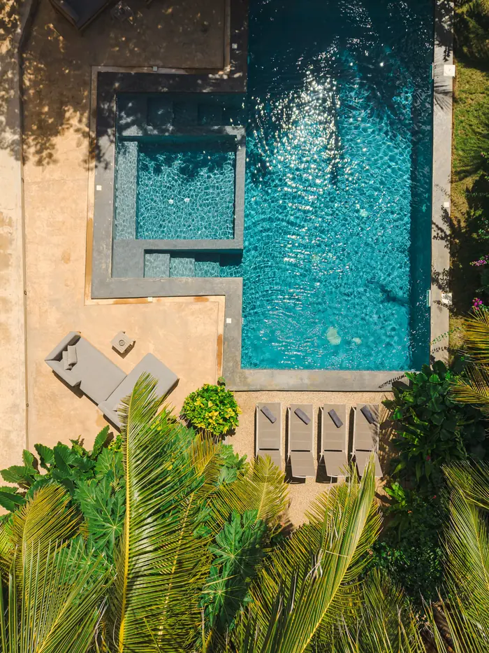 Aerial view of the pool and jacuzzi at Villa Kokos